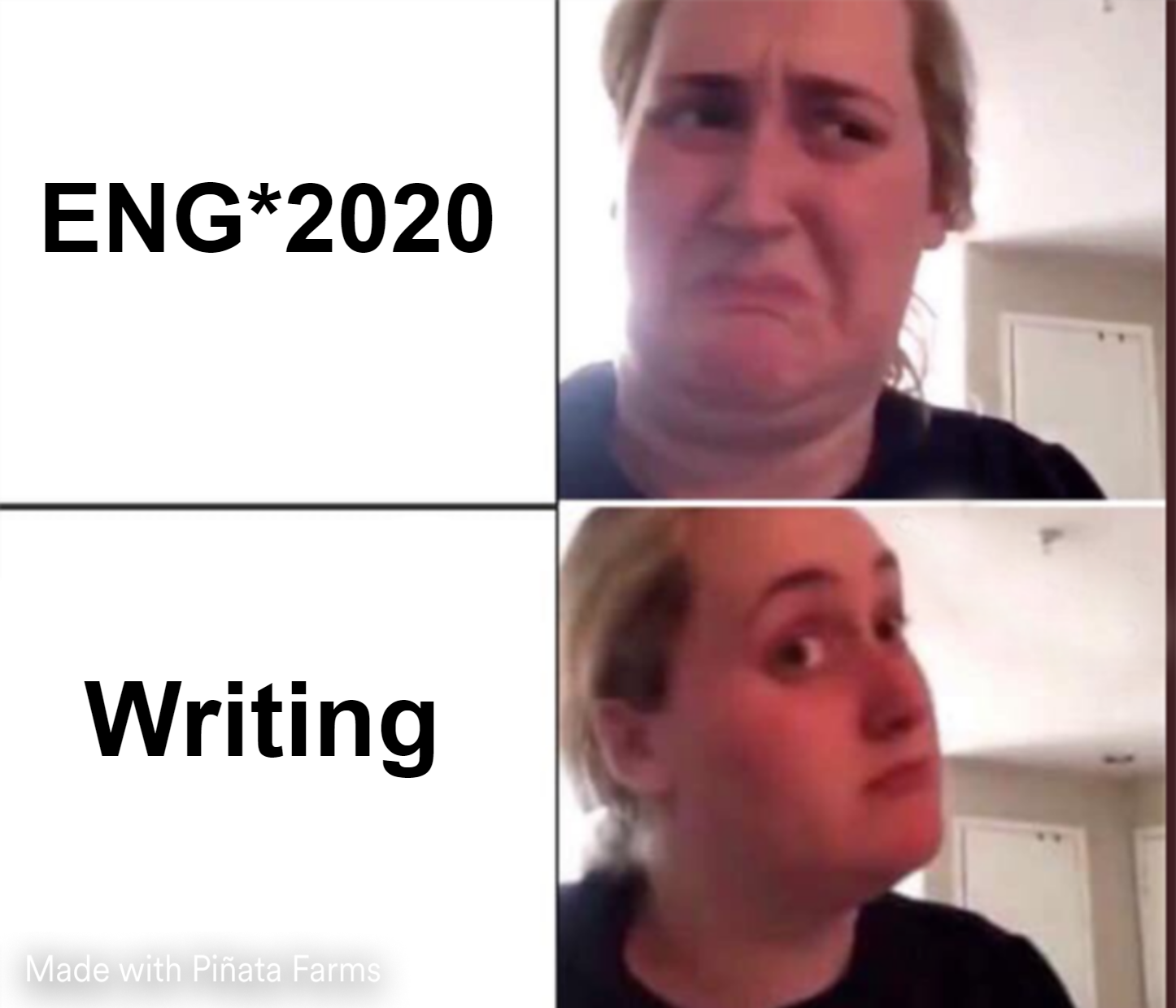 meme that shows the words "ENG*2020" on the left and a woman making a disgusted face on the right side. below, there is the word "Writing" on the bottom left side of the image and a woman making a pleased face on the bottom right side of the image.