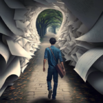 A student walks through a corridor of paperwork toward a destination without understanding