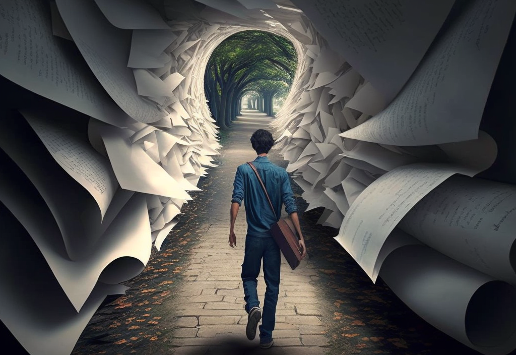 A student walks through a corridor of paperwork toward a destination without understanding