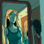 AI-generated sketch of a female-presenting college student's reflection in a full-length mirror. However, the person being reflected is not visible because the AI doesn't understand how mirrors work.