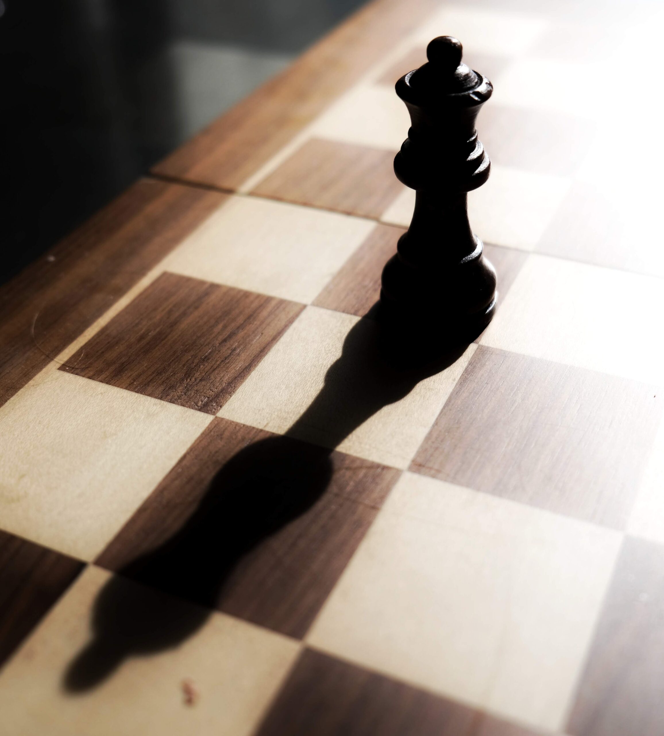 A brown and white chessboard with King in shadows, showing authority.