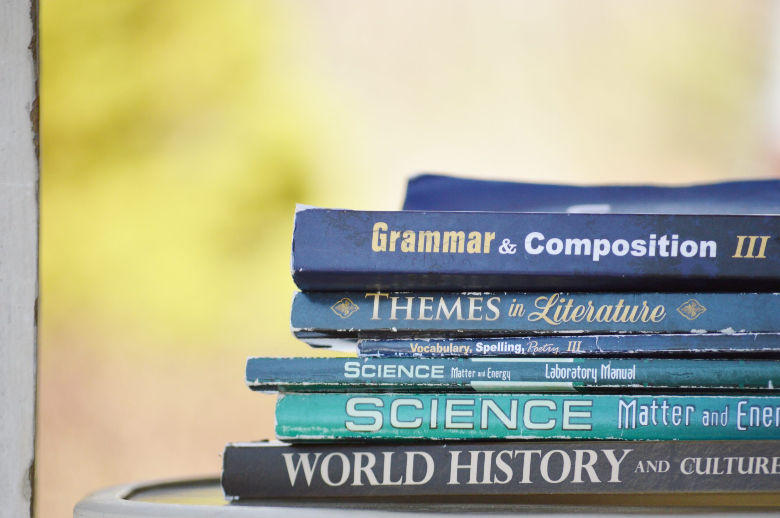 A stack of six books, including grammar in composition, themes in literature, spelling, two science books, and world history.