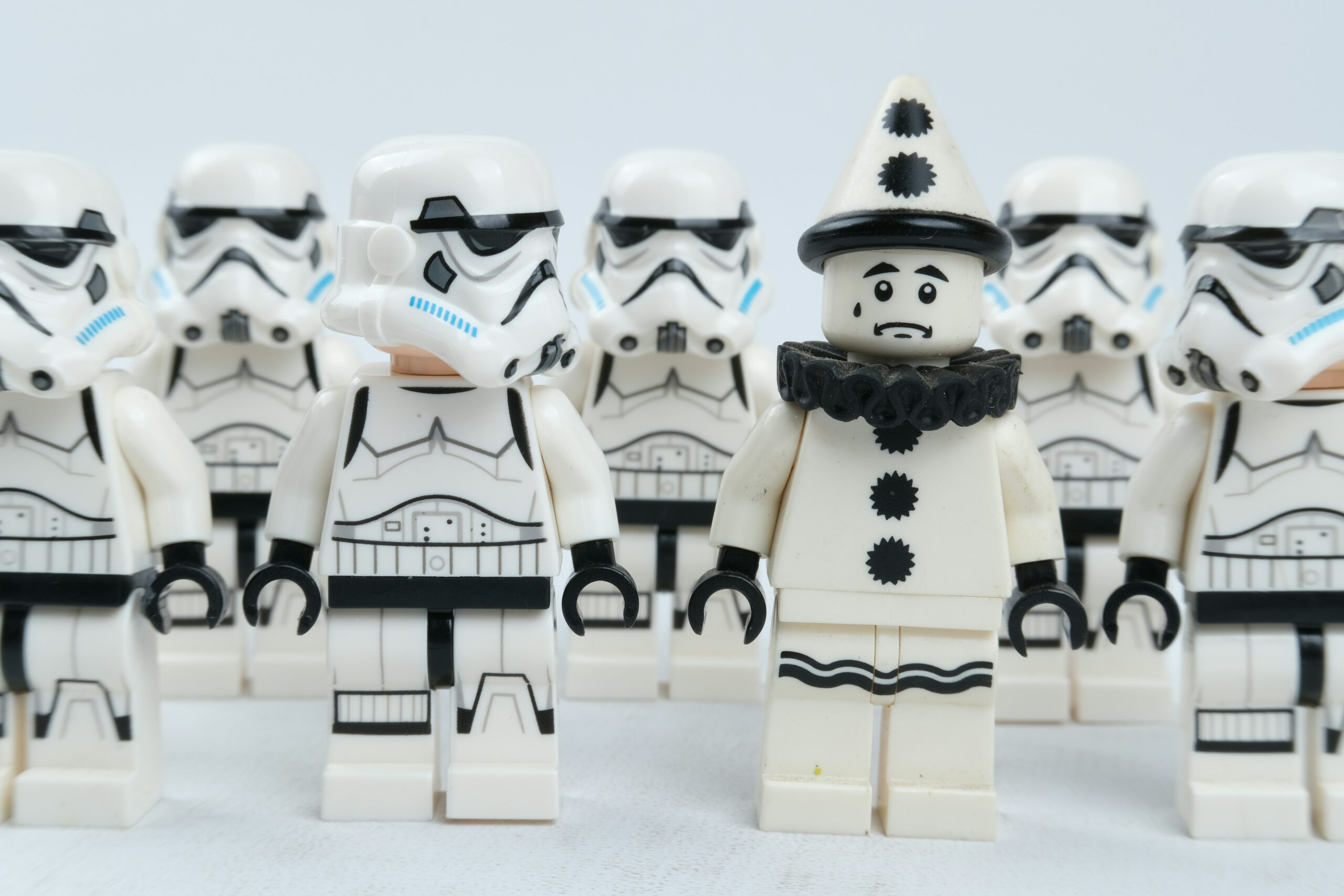 black and white lego clown character can't fit in with lego storm troopers