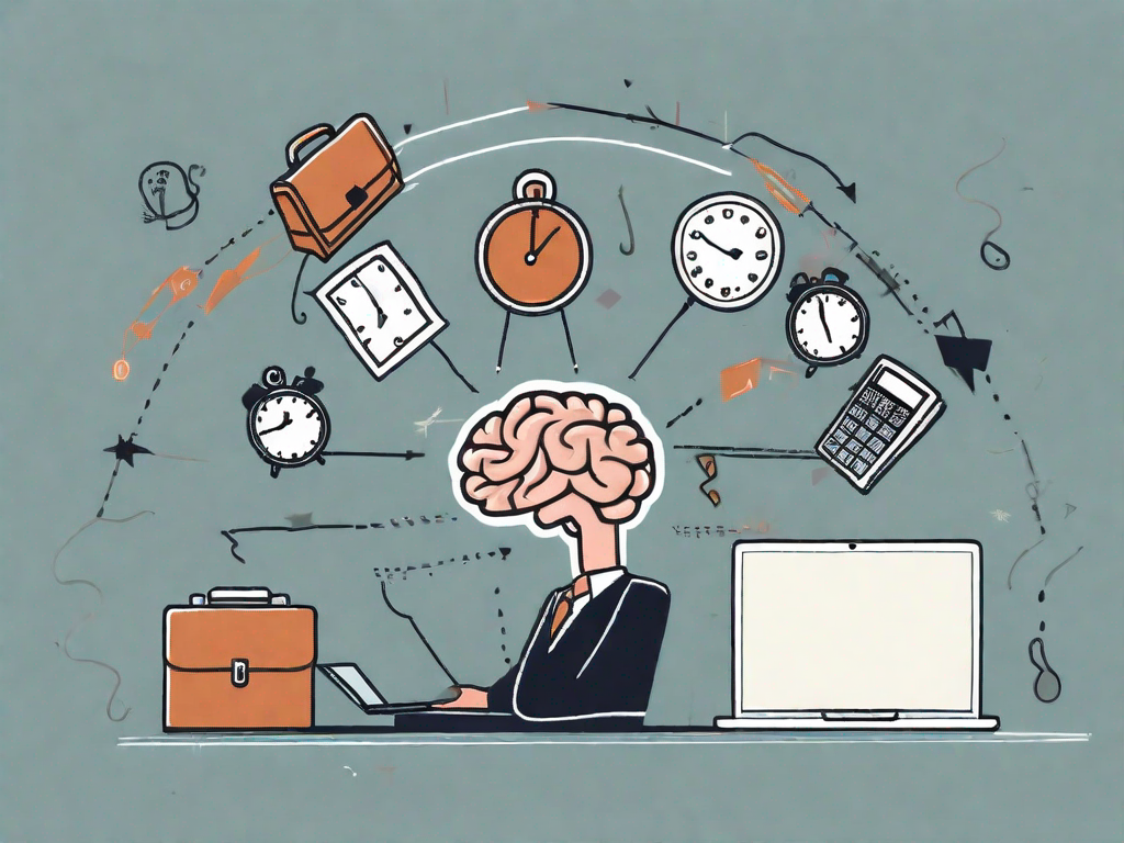 Brain working at a desk, while also doing/thinking a million different things.