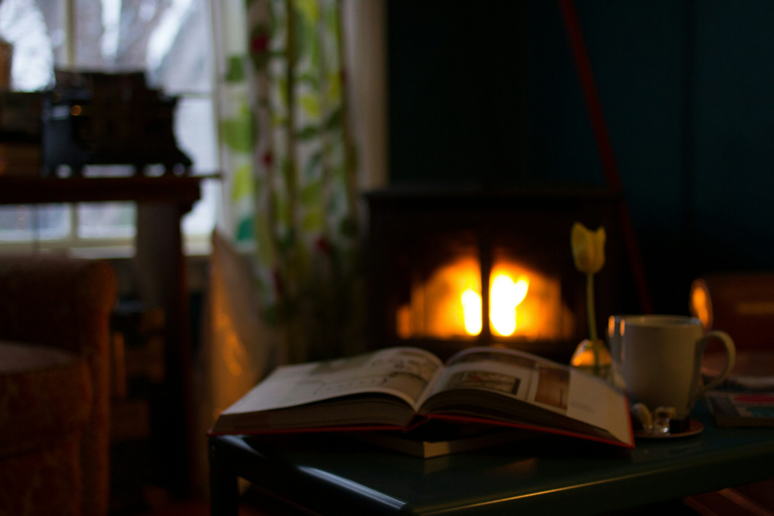 A beautiful image of a book in a calm looking room where there is a fireplace in the background