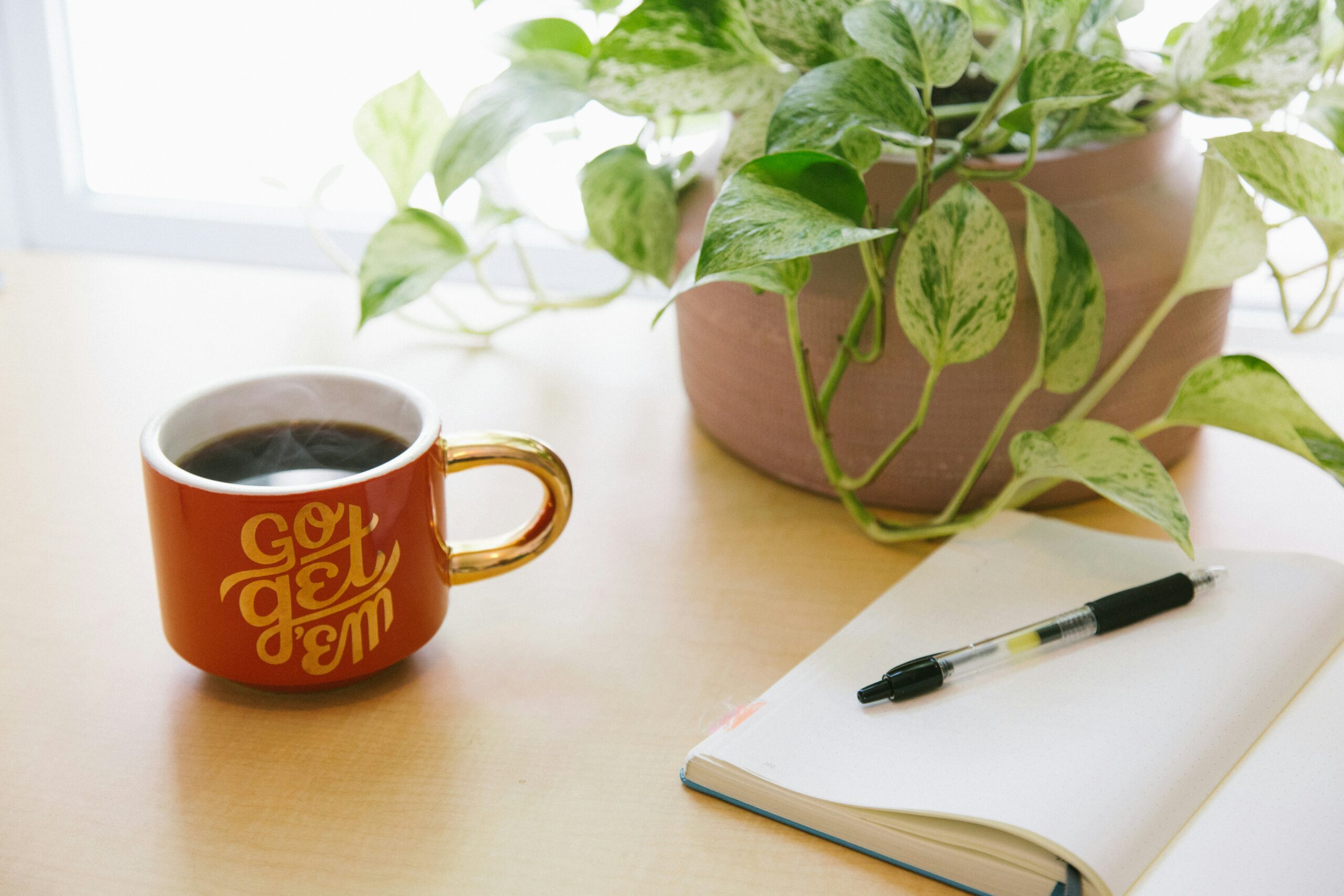 Writing desk with a mug of coffee that has the phrase "Go Get 'Em", a pothos plant, and an open journal.