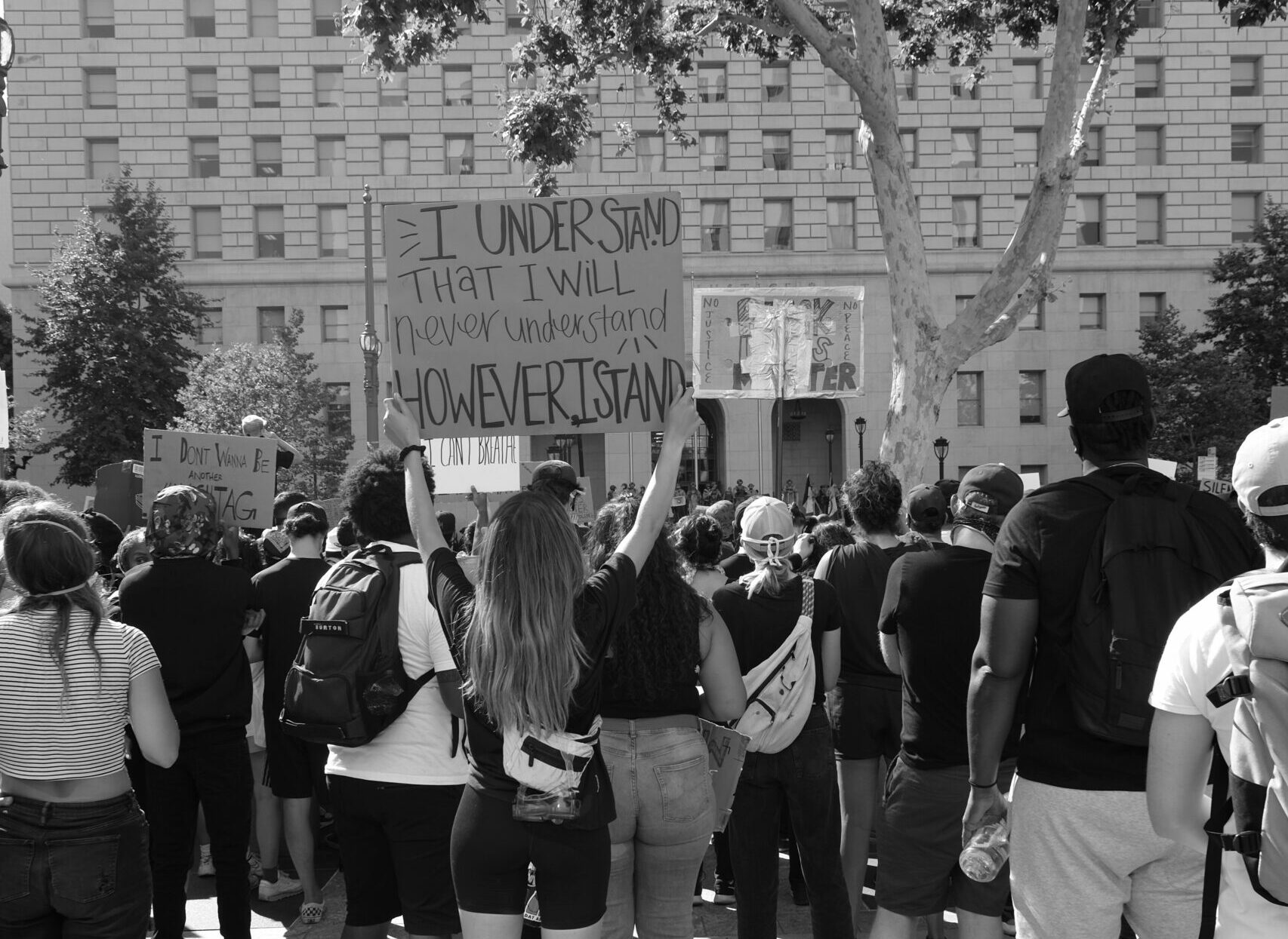 black and white photo of a crowd of protesters